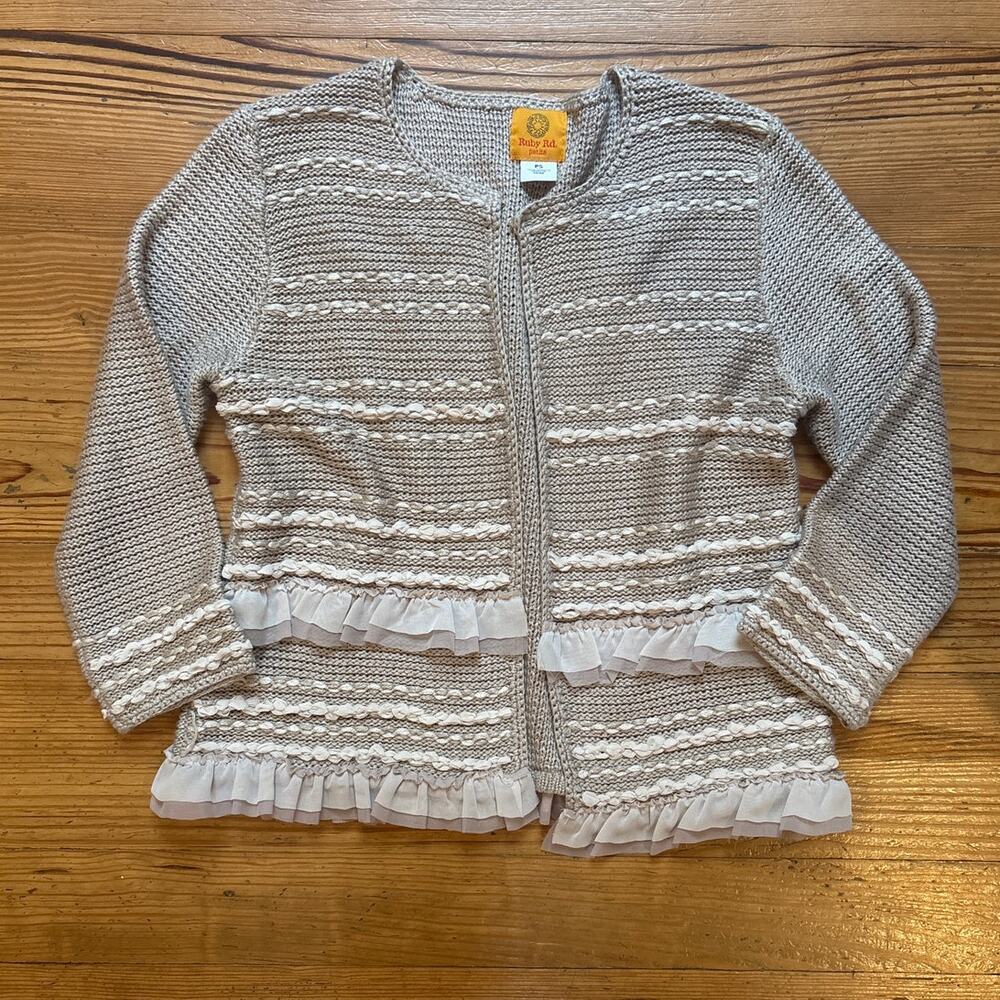 Ruby Rd. beige knit crochet ruffle top clasp open cardigan sweater‎ SIZE PS